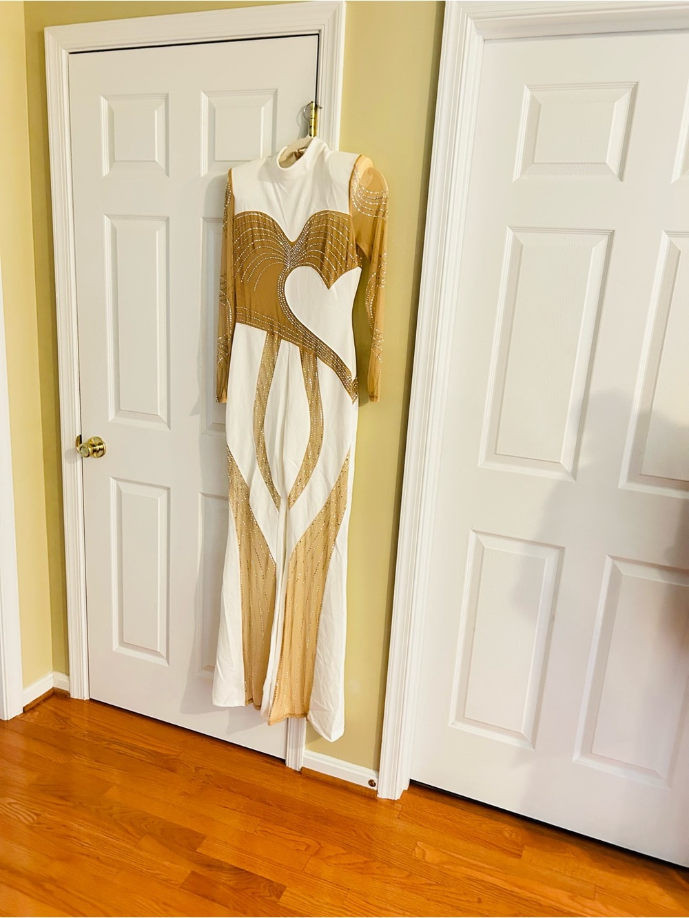 Banjul Off White and Sheer Long Sleeve Jumpsuit w/Jewels throughout